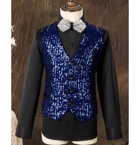 Boys kids gold navy sequin glitter jazz dance vests choir host singers concert party performance waistcoat pianist flowers boys vests